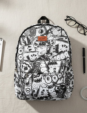 KSC Unisex Black & White Printed Backpack – Stylish Cartoon Graphic School Bag for College, Travel & Daily Use