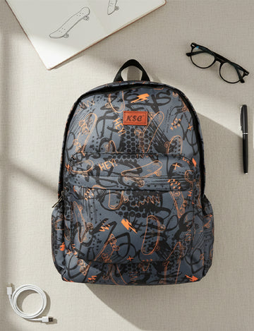 KSC Trendy Skateboard Print Backpack – Unisex Grey & Orange School Bag for Boys & Girls, Lightweight College & Travel Daypack