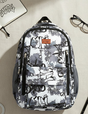 KSC Grey Graffiti Print School Backpack – Unisex Stylish Multi-Zip College Bag for Boys & Girls, Lightweight Travel Daypack