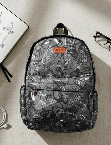 KSC Black & Grey Skateboard Print Backpack – Trendy Unisex School Bag for Boys & Girls, Lightweight College & Travel Daypack