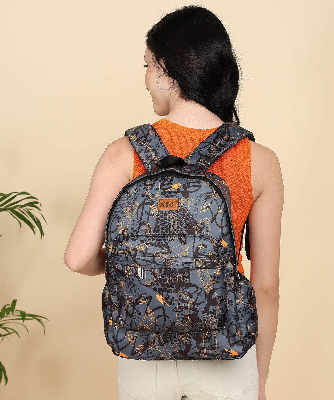 KSC Trendy Skateboard Print Backpack – Unisex Grey & Orange School Bag for Boys & Girls, Lightweight College & Travel Daypack
