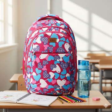 Heart Print School Backpack for Girls | Lightweight Multi-Compartment Kids School Bag | Stylish  Travel & Tuition Backpack