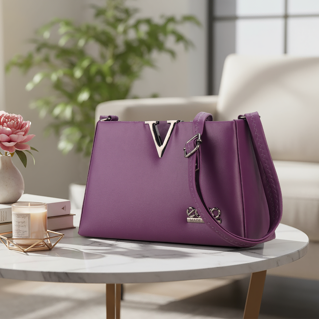 KSC Women’s Purple Designer Shoulder Handbag – Premium Leatherette Crossbody Purse with Adjustable Strap for Office & Party Use