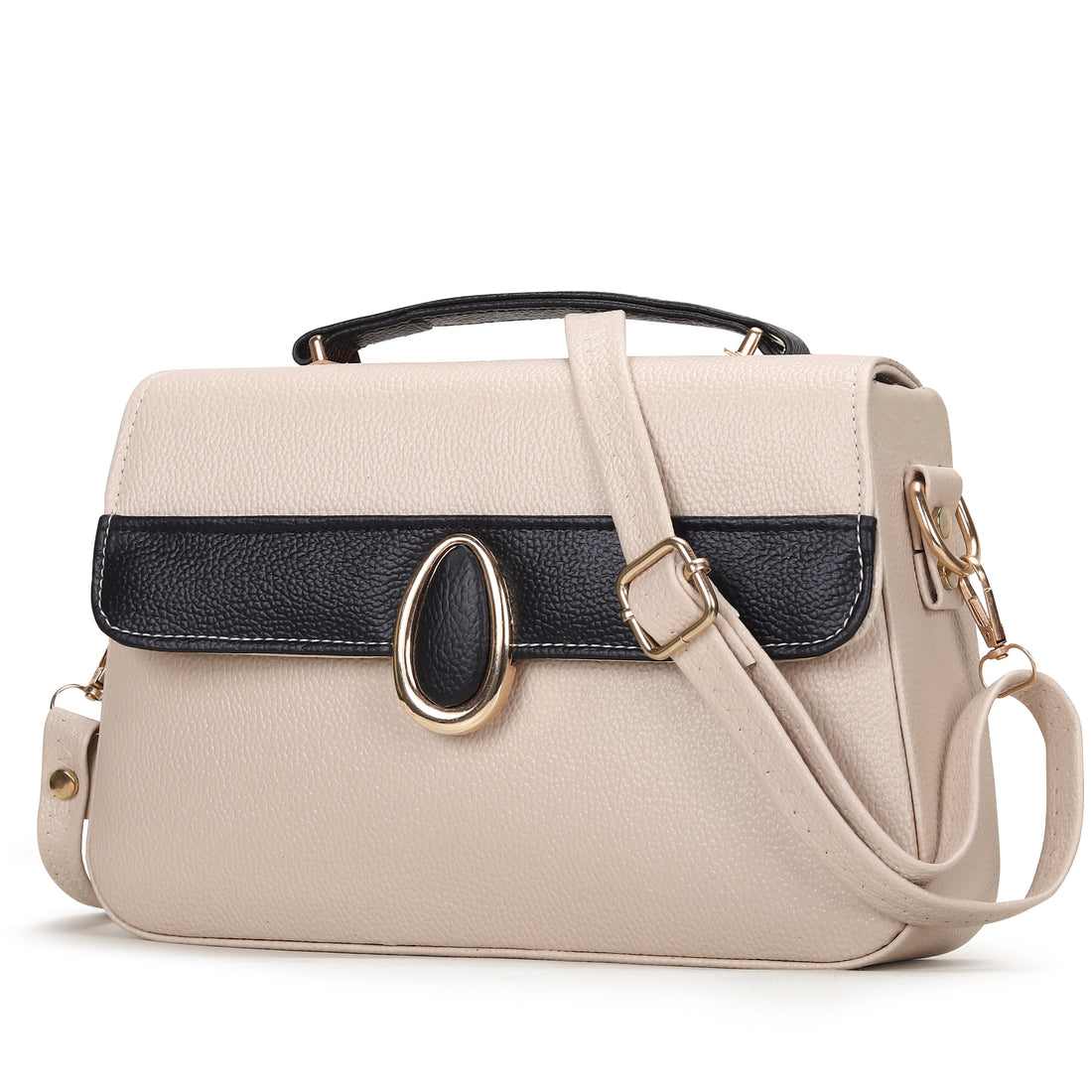 KSC Women’s Cream & Black Handbag – Elegant Two-Tone Sling Bag with Metal Oval Detail, Premium Shoulder & Crossbody Purse for Office and Party Wear