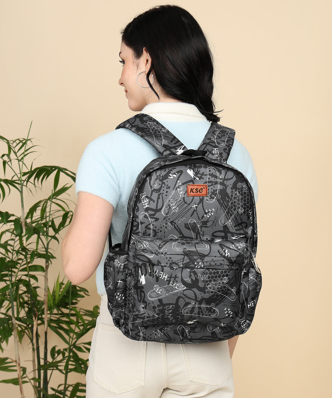 KSC Black & Grey Skateboard Print Backpack – Trendy Unisex School Bag for Boys & Girls, Lightweight College & Travel Daypack