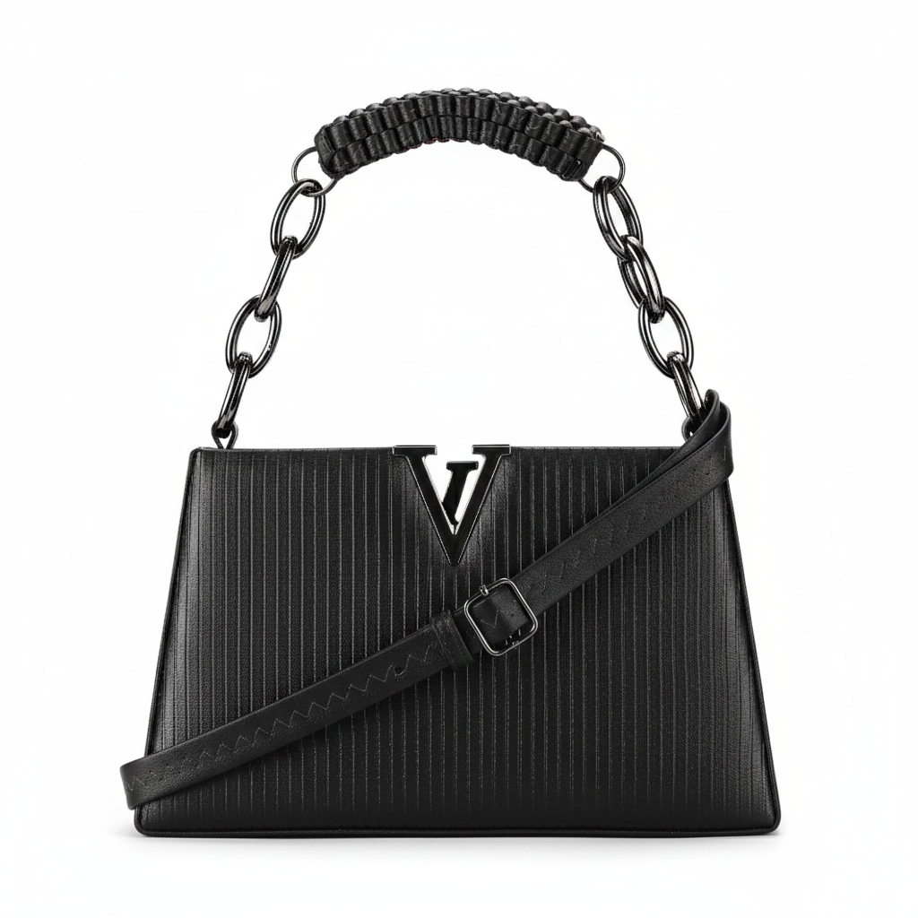 KSC Women’s Black Textured Shoulder Handbag – Premium Leatherette Crossbody Purse with Chain Handle for Party & Office Use