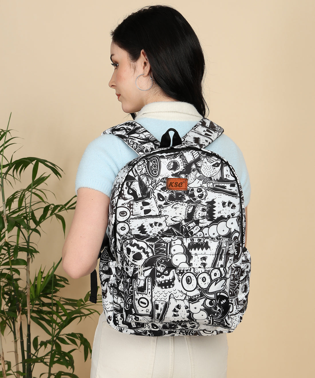 KSC Unisex Black & White Printed Backpack – Stylish Cartoon Graphic School Bag for College, Travel & Daily Use