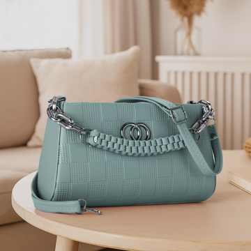 KSC Women’s Mint Green Checkered Shoulder Handbag – Premium Leatherette Crossbody Purse with Chain Handle for Party & Daily Use