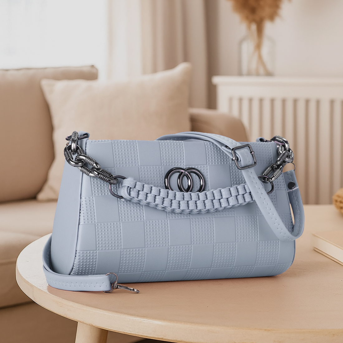 KSC Women’s Grey Checkered Shoulder Handbag – Premium Leatherette Crossbody Purse with Chain Handle for Party & Daily Use