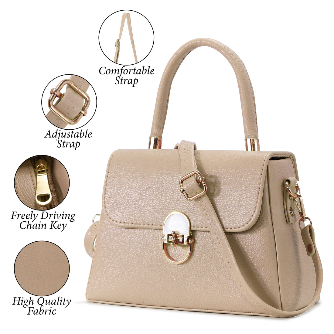 KSC Women’s Cream Top Handle Handbag – Elegant Structured Sling Bag with Gold Lock Detail, Premium Shoulder & Crossbody Purse for Office & Party Wear