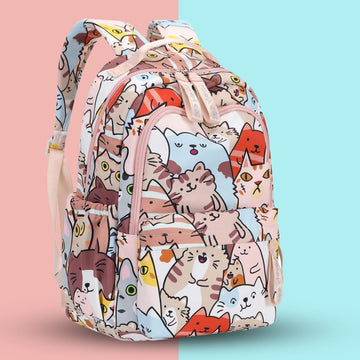Cute Cat Print School Backpack for Girls | Lightweight Peach Kids School Bag with Multiple Compartments | Water-Resistant Travel & Tuition Backpack