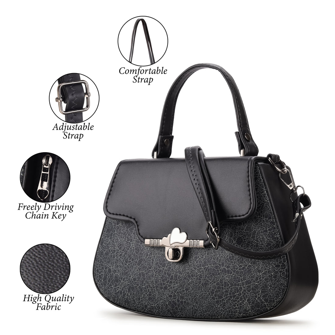 KSC Women’s Black Designer Handbag – Stylish Textured Sling Bag with Top Handle & Adjustable Shoulder Strap, Elegant Party & Office Purse