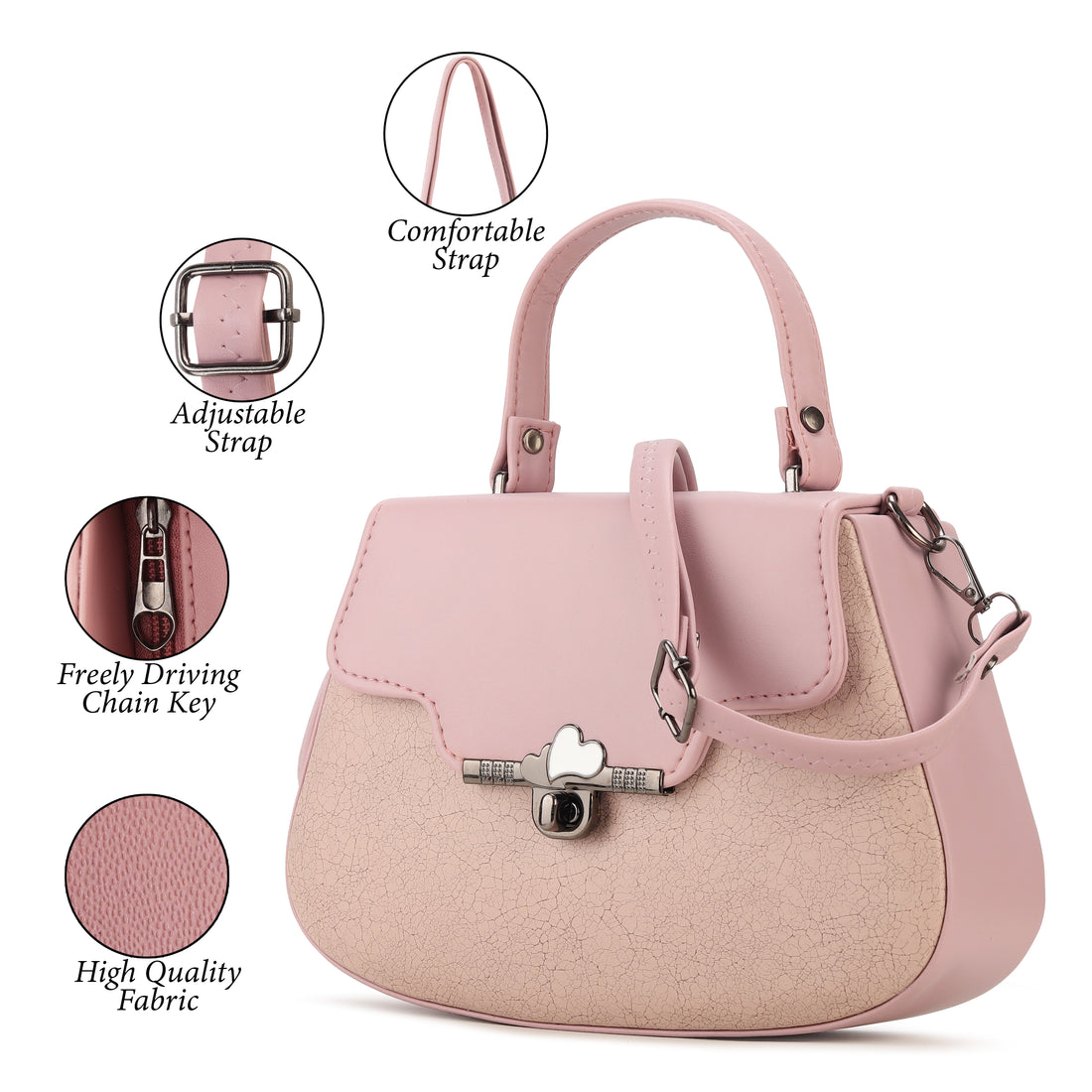 KSC Women’s Pink  Designer Handbag – Elegant Textured Top Handle Sling Bag with Adjustable Strap, Stylish Shoulder Purse for Office & Party
