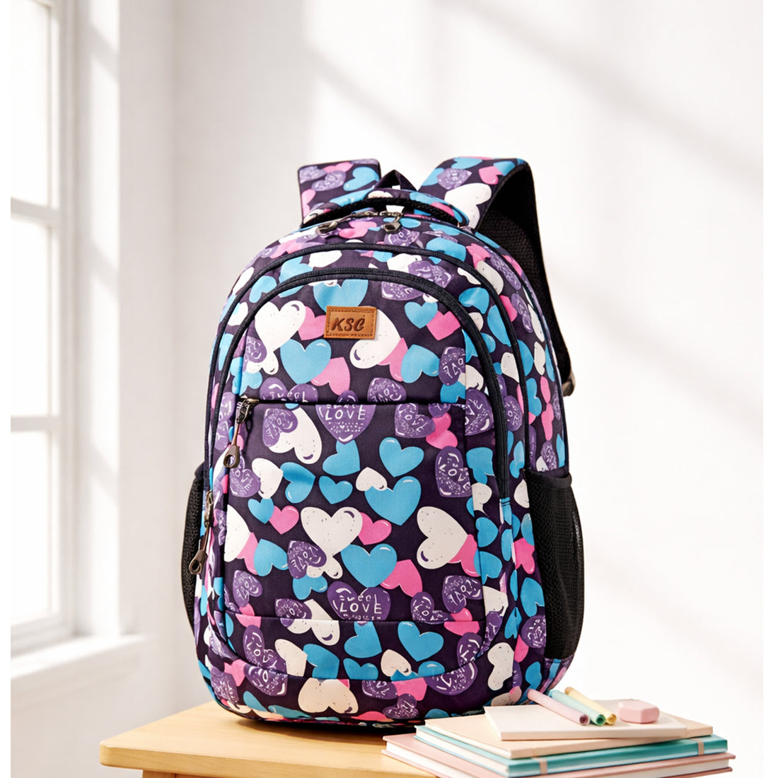 Heart Print School Backpack for Girls | Lightweight Multi-Compartment Kids School Bag | Stylish  Travel & Tuition Backpack