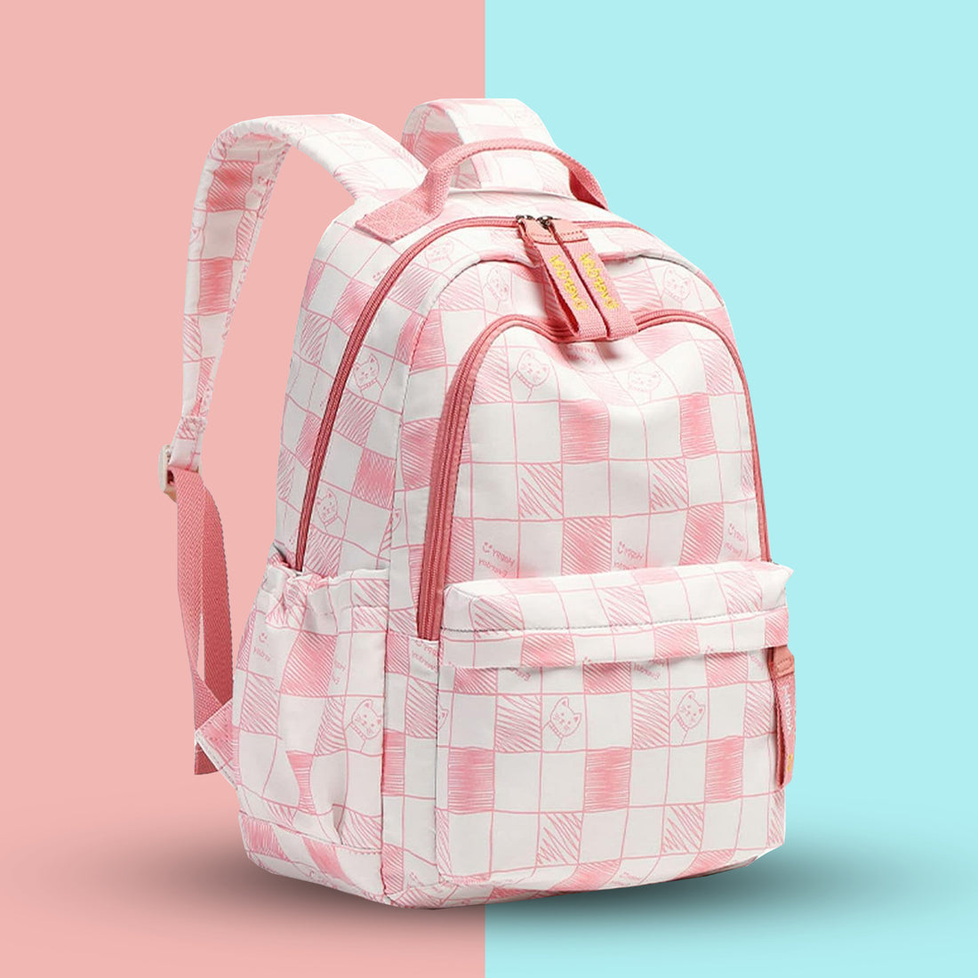 Cute Cat Print School Backpack for Girls | Lightweight Pink Kids School Bag with Multiple Compartments | Water-Resistant Travel & Tuition Backpack
