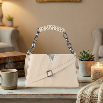 KSC Women’s Beige Textured Shoulder Handbag – Premium Leatherette Crossbody Purse with Chain Handle for Party & Office Use