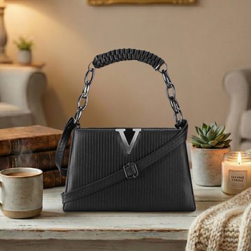 KSC Women’s Black Textured Shoulder Handbag – Premium Leatherette Crossbody Purse with Chain Handle for Party & Office Use