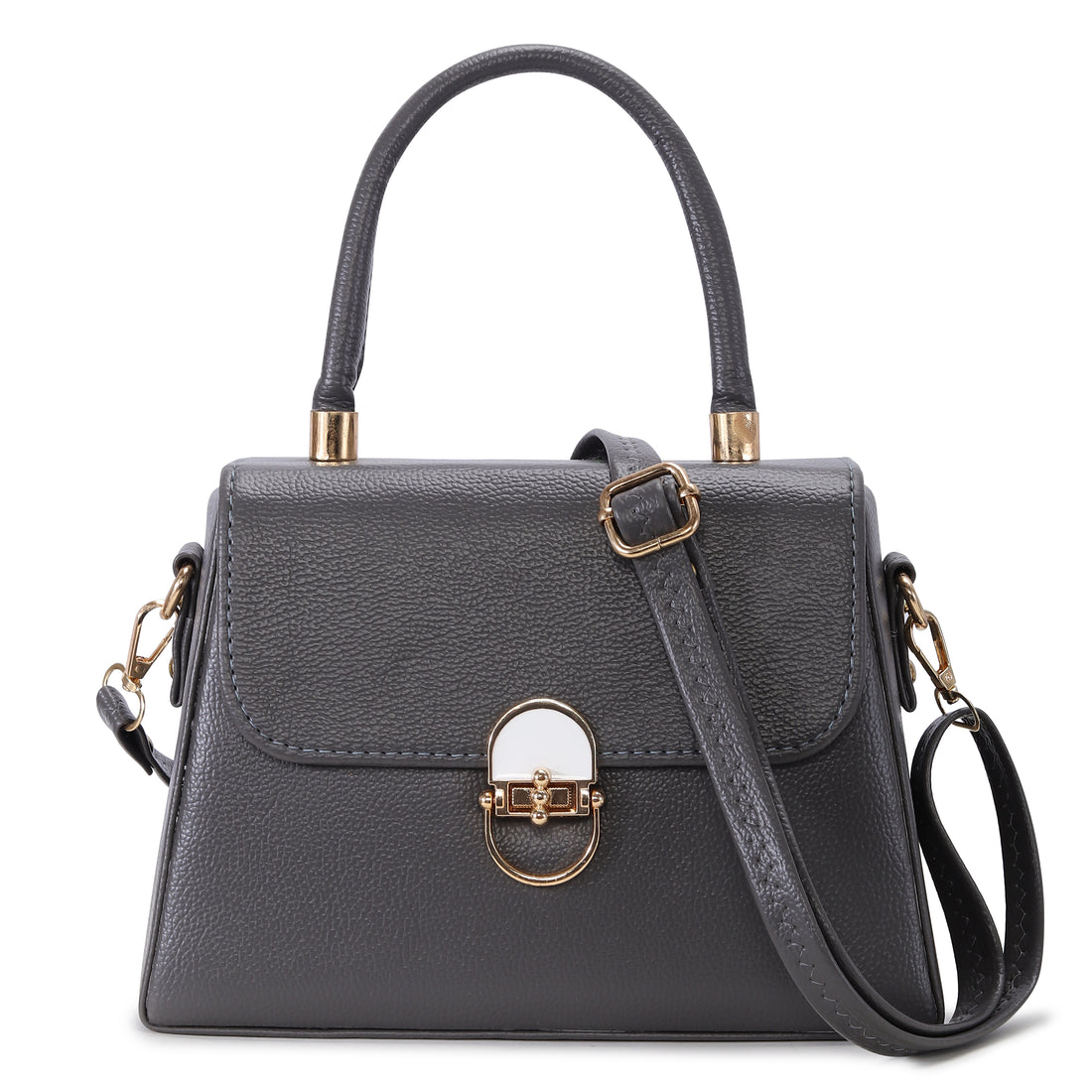KSC Women’s Grey Top Handle Handbag – Elegant Structured Sling Bag with Gold Lock Detail, Premium Shoulder & Crossbody Purse for Office & Party Wear