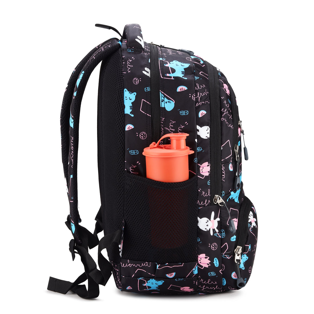 Cute Cartoon Black Printed School Backpack for Girls | Lightweight Water-Resistant Kids School Bag with Multiple Compartments | Stylish  Travel Backpack