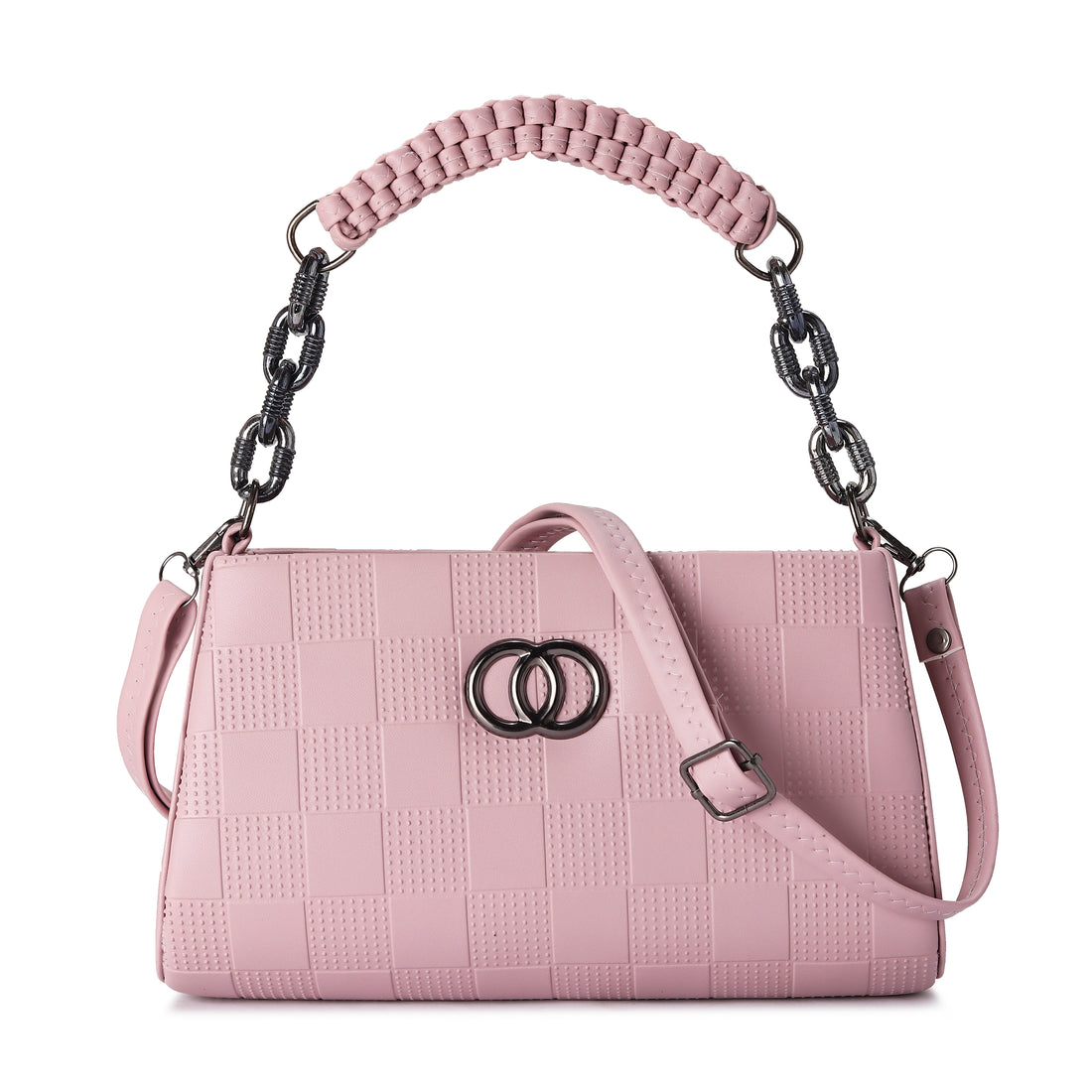 KSC Women’s Pink Checkered Shoulder Handbag – Premium Leatherette Crossbody Purse with Chain Handle for Party & Daily Use