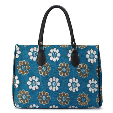 KSC Women’s Blue Floral Printed Tote Handbag – Stylish Fabric Shoulder Bag for Office, Shopping & Daily Use