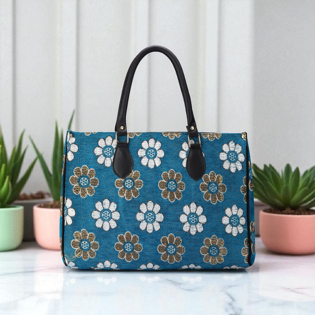 KSC Women’s Blue Floral Printed Tote Handbag – Stylish Fabric Shoulder Bag for Office, Shopping & Daily Use