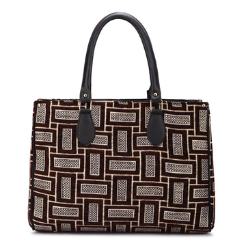 KSC Women’s Brown Geometric Print Tote Handbag – Stylish Fabric Shoulder Bag for Office, Shopping & Daily Use