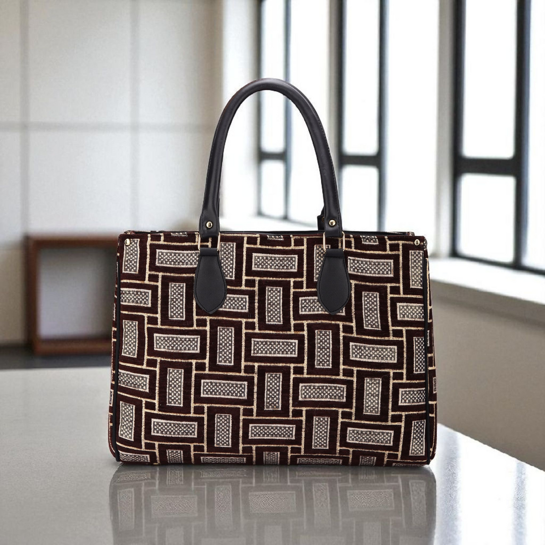 KSC Women’s Brown Geometric Print Tote Handbag – Stylish Fabric Shoulder Bag for Office, Shopping & Daily Use