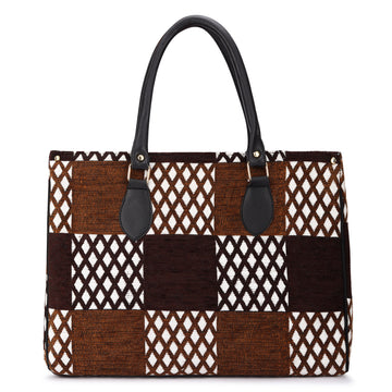 KSC Women’s Brown Checkered Tote Handbag – Stylish Printed Fabric Shoulder Bag for Office, Shopping & Daily Use