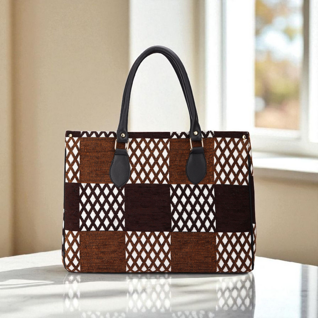 KSC Women’s Brown Checkered Tote Handbag – Stylish Printed Fabric Shoulder Bag for Office, Shopping & Daily Use