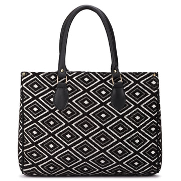 KSC Women’s Black & White Diamond Print Tote Handbag – Stylish Fabric Shoulder Bag for Office, Shopping & Daily Use