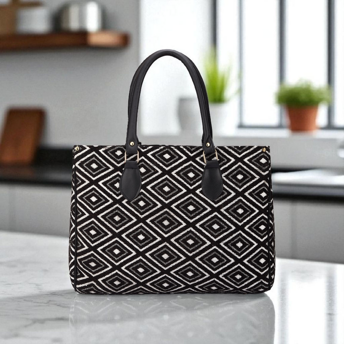 KSC Women’s Black & White Diamond Print Tote Handbag – Stylish Fabric Shoulder Bag for Office, Shopping & Daily Use