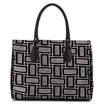 KSC Women’s Black Geometric Print Tote Handbag – Stylish Fabric Shoulder Bag for Office, Shopping & Daily Use