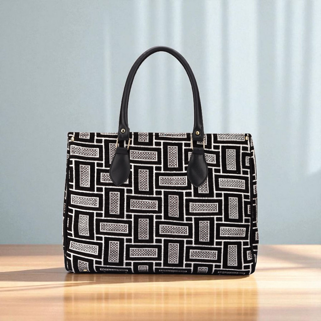 KSC Women’s Black Geometric Print Tote Handbag – Stylish Fabric Shoulder Bag for Office, Shopping & Daily Use