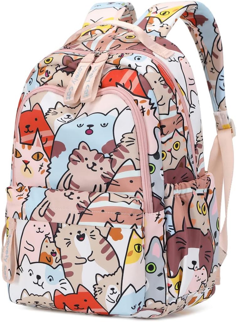Cute Cat Print School Backpack for Girls | Lightweight Peach Kids School Bag with Multiple Compartments | Water-Resistant Travel & Tuition Backpack