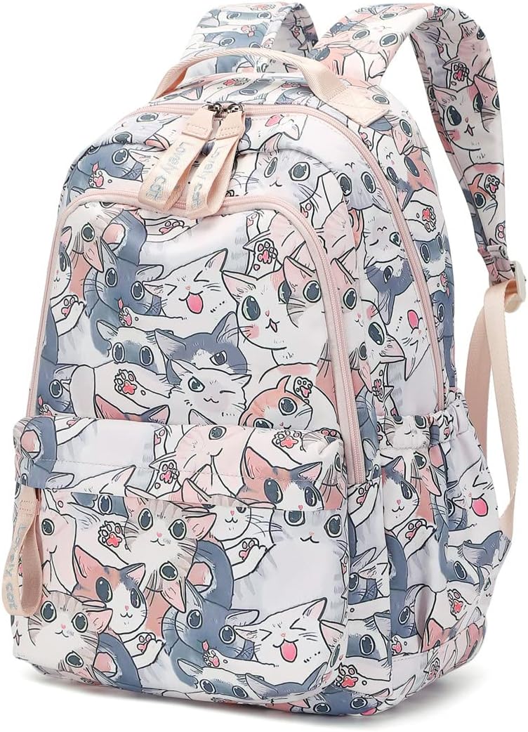 Cute Cat Print School Backpack for Girls | Lightweight Blue Kids School Bag with Multiple Compartments | Water-Resistant Travel & Tuition Backpack