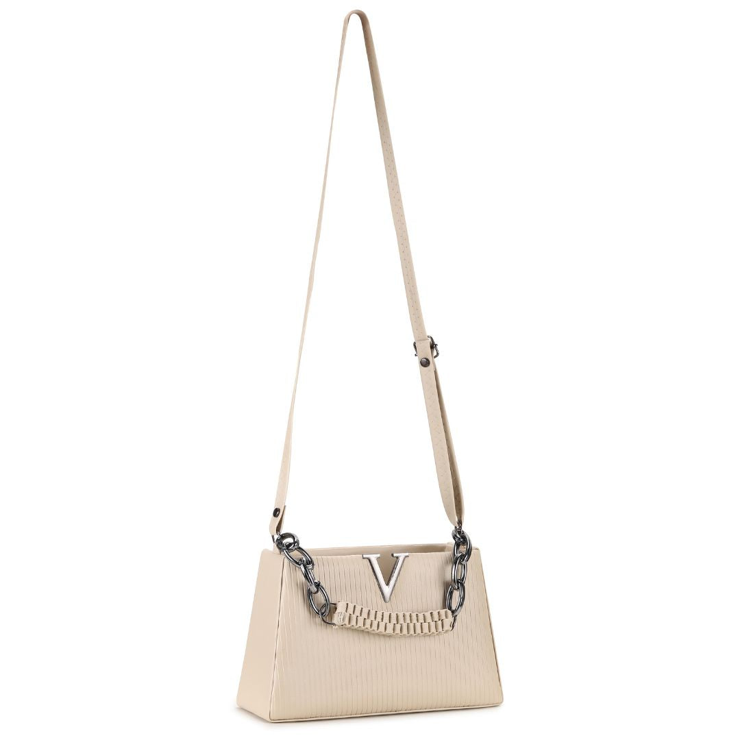 KSC Women’s Beige Textured Shoulder Handbag – Premium Leatherette Crossbody Purse with Chain Handle for Party & Office Use