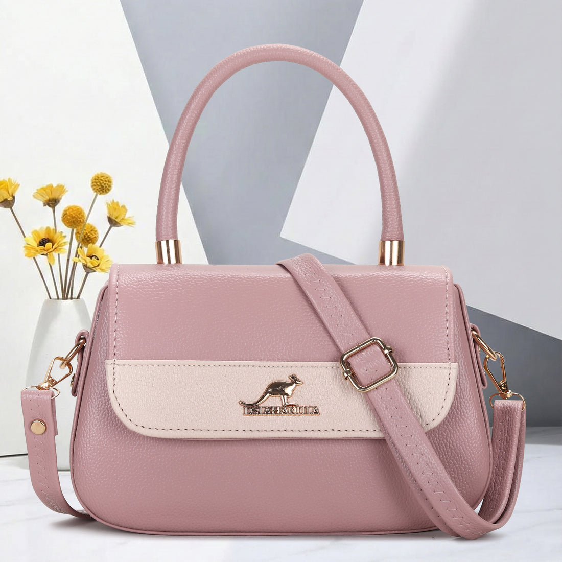 KSC Premium Pink & Beige Handbag for Women | Elegant Top Handle with Detachable Sling | Stylish Office, Party & Casual Shoulder Bag